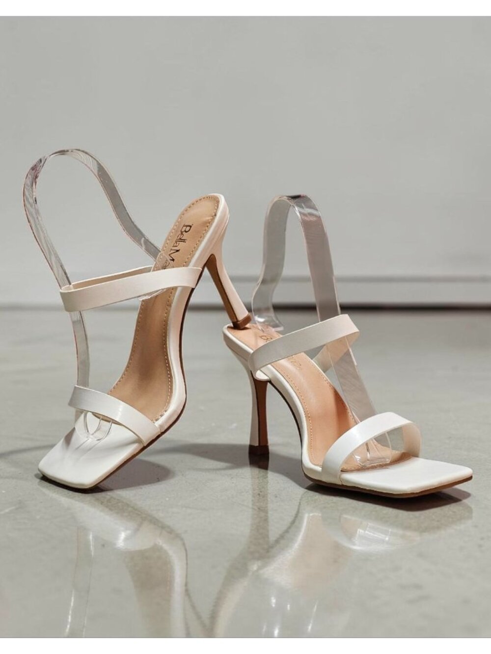 Square Toe White Strappy High Heel Sandals With Double Strap Design For Women - Picture 3 of 13